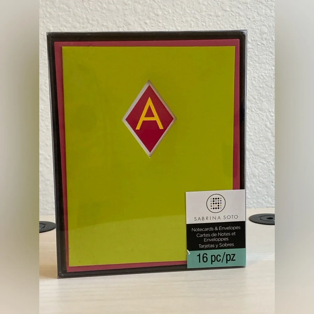New in Box Sabrina Soto Chartreuse “A” Notecards Set